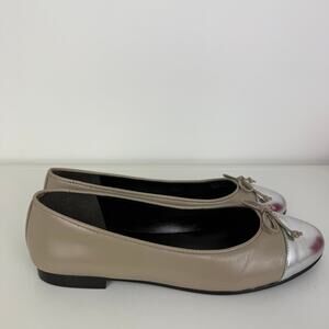 Tory Burch Womens LLC Cap Toe Goat Leather Bow Beige Silver Trim Ballet Flats 7
